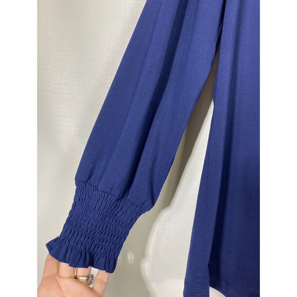J. McLaughlin‎ Top Sz S Blue Ruffle Smocked Bishop Sleeve Stretch V-Neck Office - Picture 3 of 6